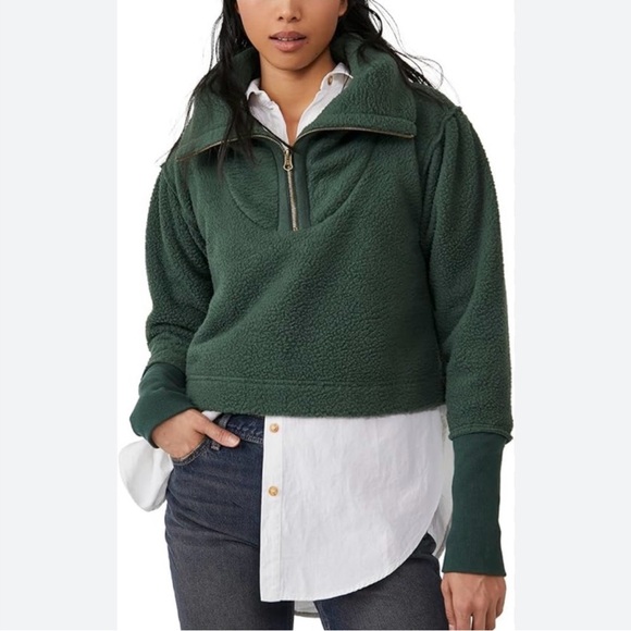 Free People Green Fleece Quarter-Zip Pullover - Picture 1 of 5